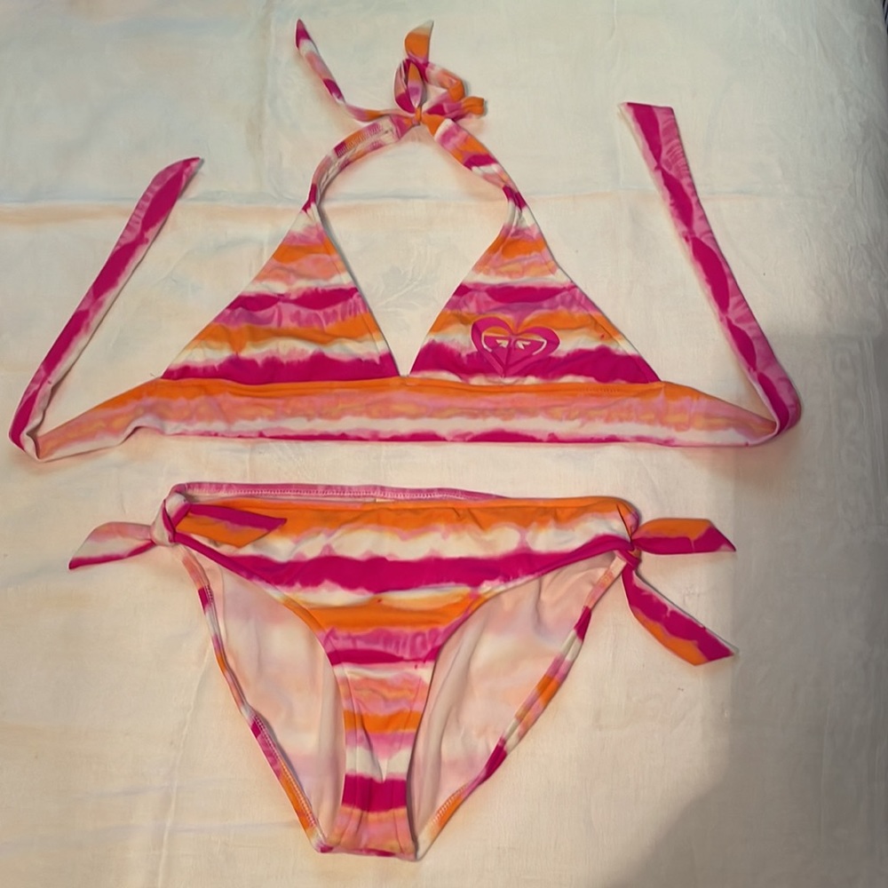 Roxy Girl 2-piece swim suit, size 16. Pink, orange, red & white.
